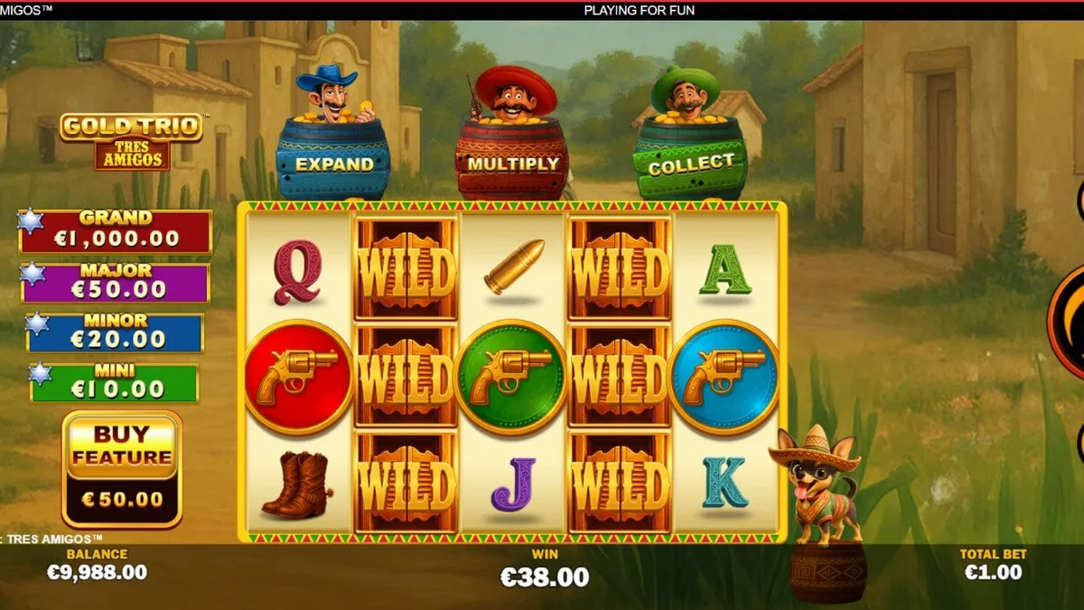Tampilan visual slot Gold Trio: Tres Amigos dengan tema fiesta Meksiko