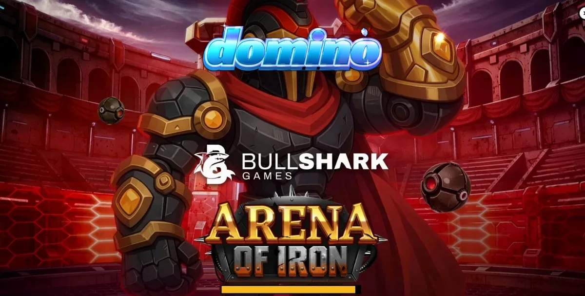 Tampilan antarmuka seluler Arena of Iron dengan latar belakang arena futuristik.